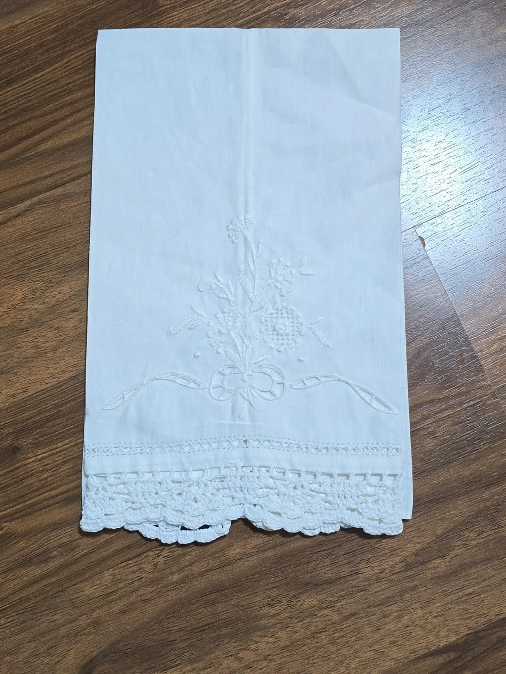 Pair Of Linen Embroidered Crochet Tea Towels
